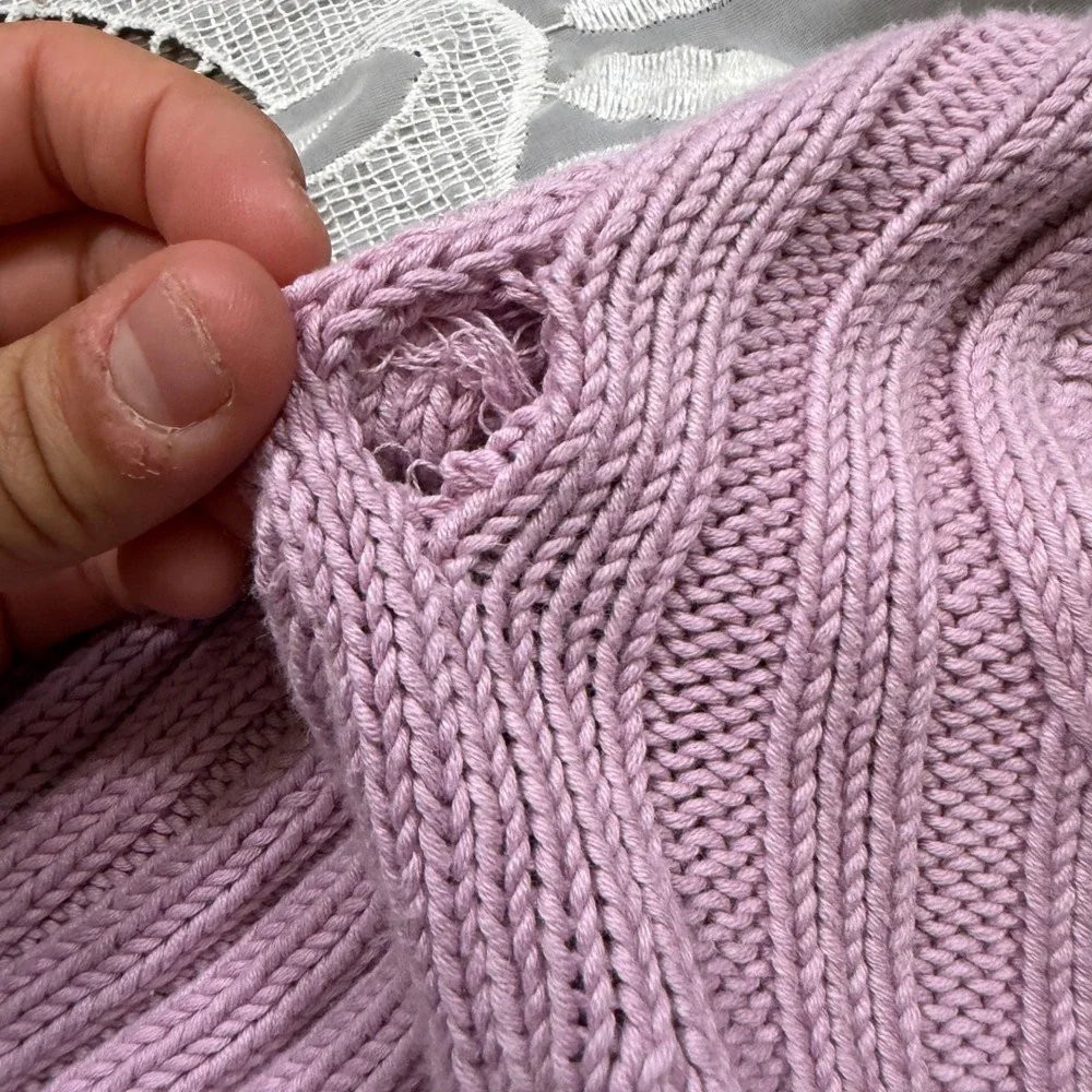 Fairy Lavender Pink Ribbed Knit Pointelle Flare Sleeve Scoop Neck Sweater 0990